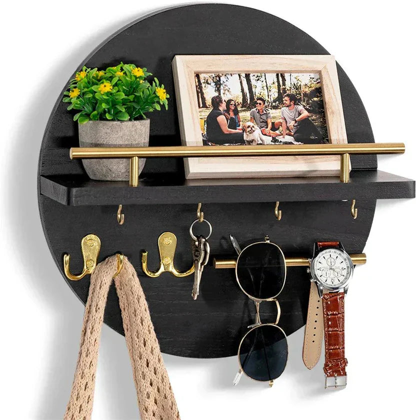 Round Wall Organizer Wood Shelves & Hooks