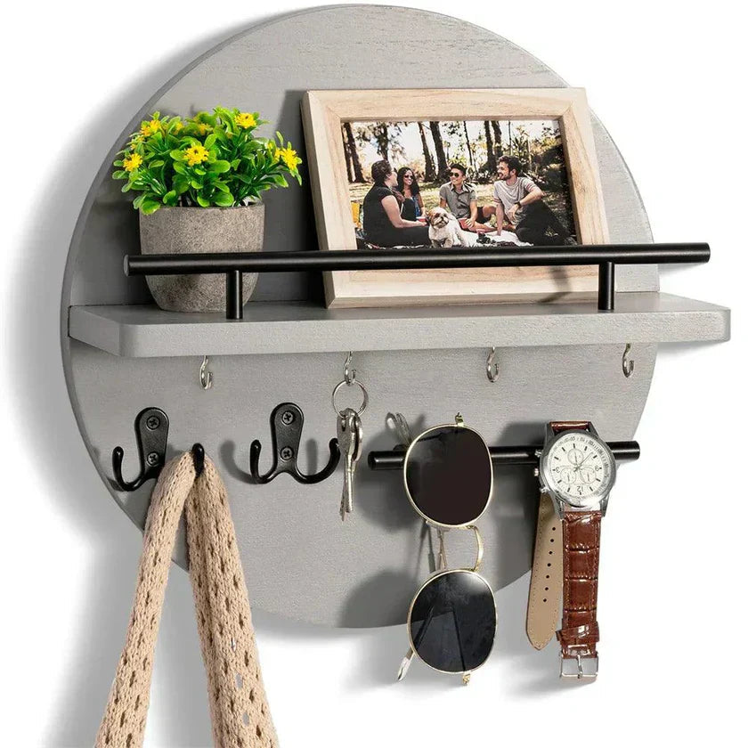 Round Wall Organizer Wood Shelves & Hooks