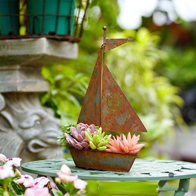 Sailboat Planter Weather-Resistant Iron Vintage Patina