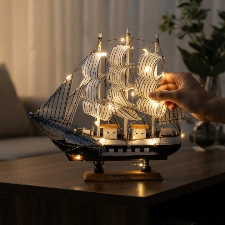 Sailing Ship Sculpture Battery LED Lights Wood & Fabric