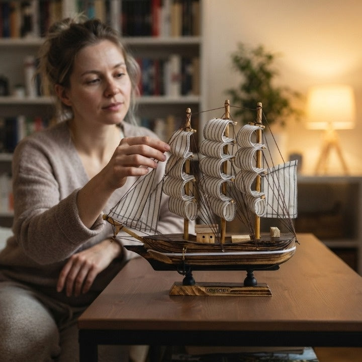Sailing Ship Sculpture Battery LED Lights Wood & Fabric