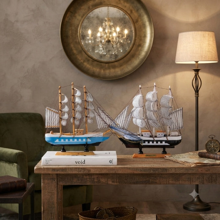 Sailing Ship Sculpture Battery LED Lights Wood & Fabric