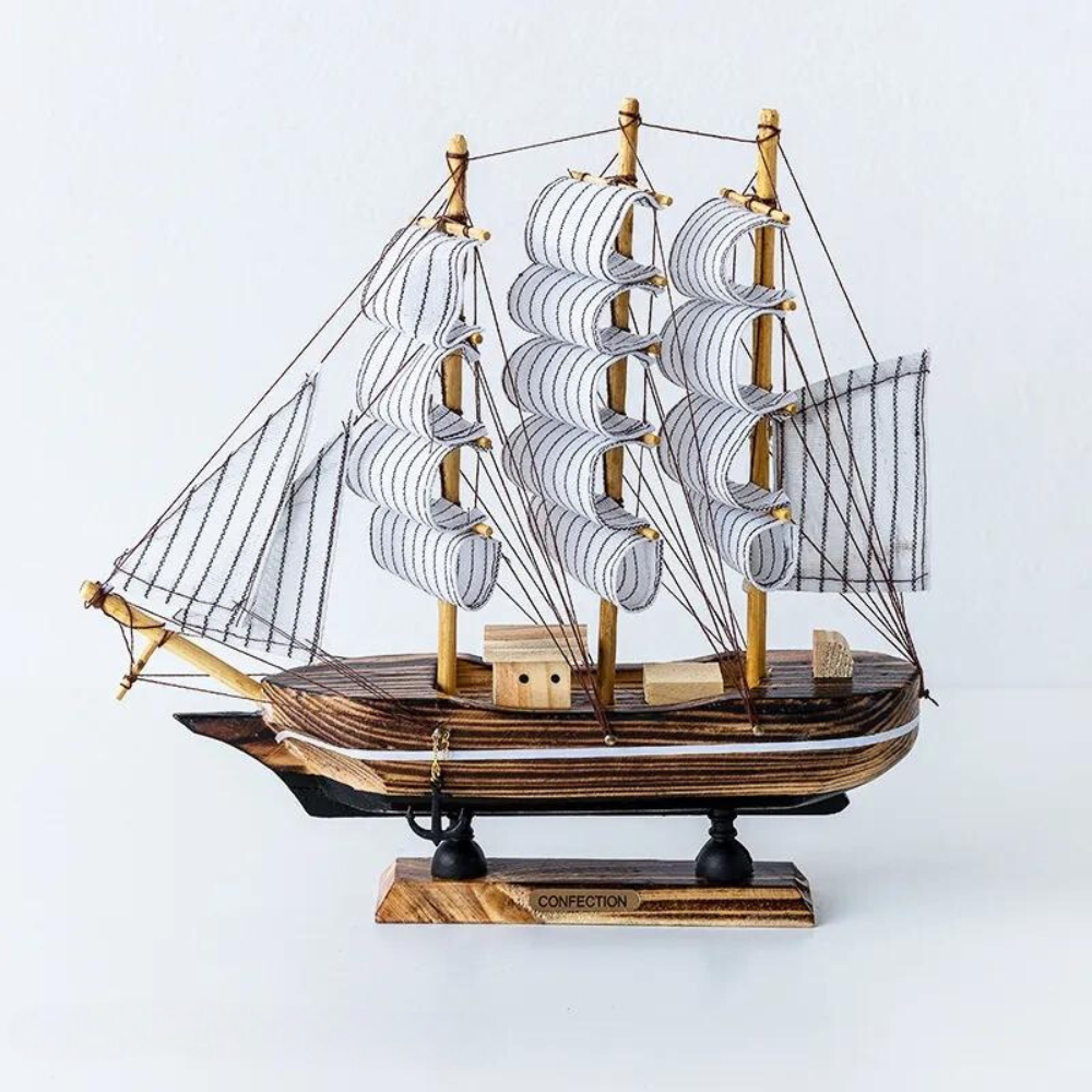 Sailing Ship Sculpture Battery LED Lights Wood & Fabric