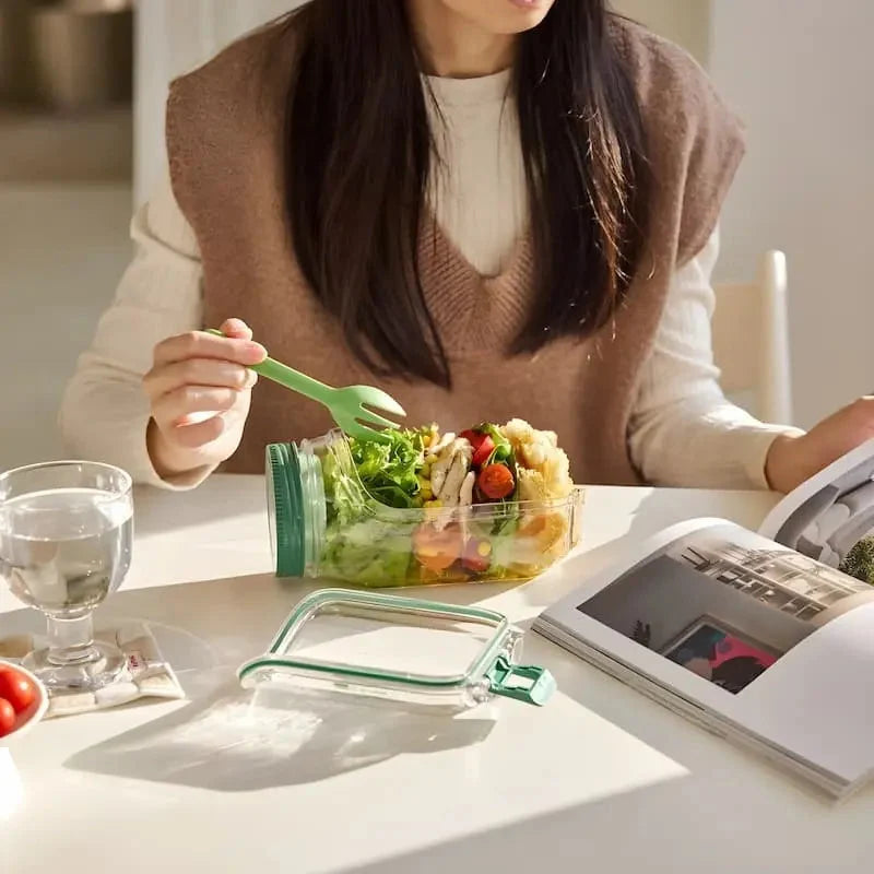 Salad Bowl Glass Side-Opening Screw Lid Dressing Compartment