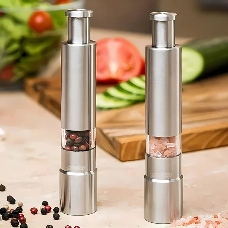 Salt & Pepper Grinder One-Handed Press Stainless Steel 2-Pack