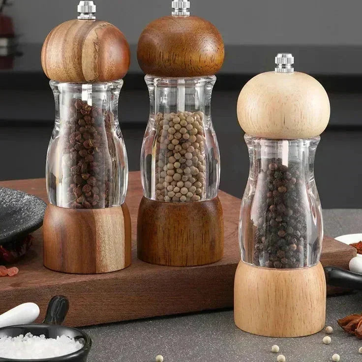 Salt & Pepper Mill Set Clear Glass Natural Wood