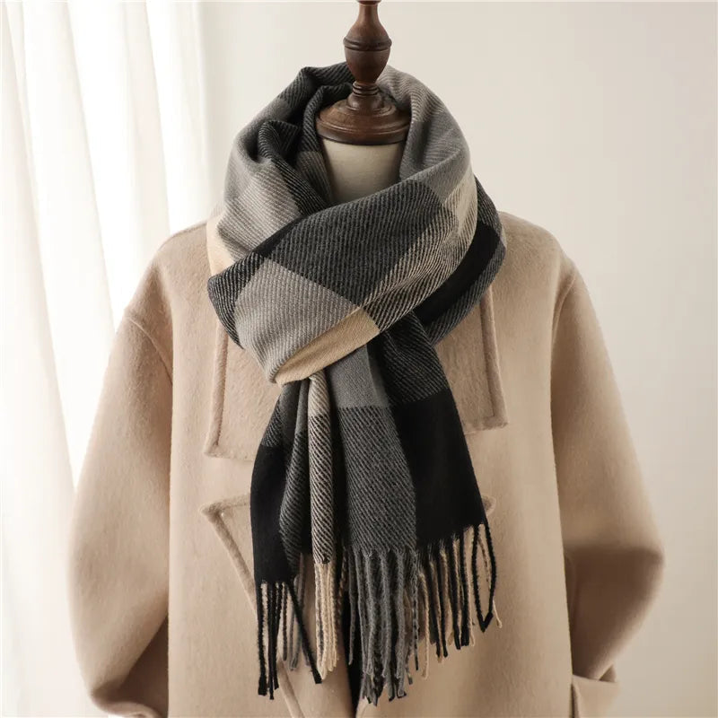 Scarf Cashmere Checkered Generous Size