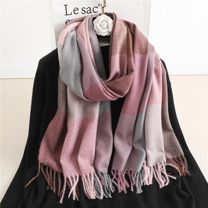 Scarf Cashmere Checkered Generous Size