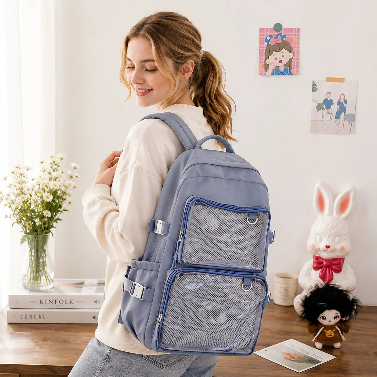 School Backpack Transparent Front Display Pockets