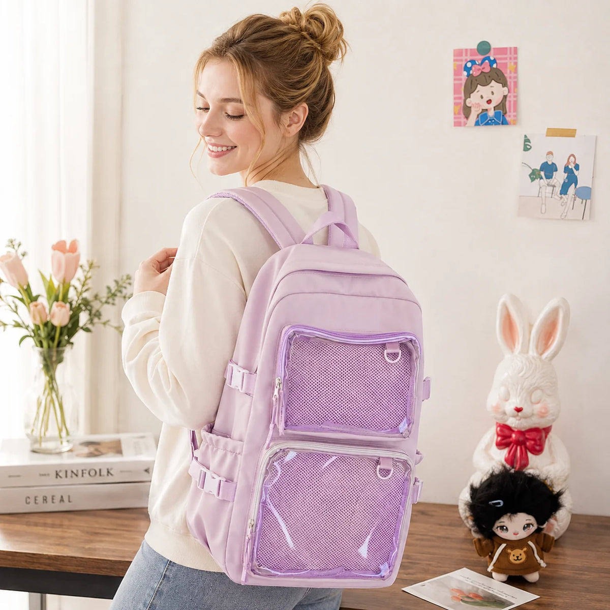 School Backpack Transparent Front Display Pockets