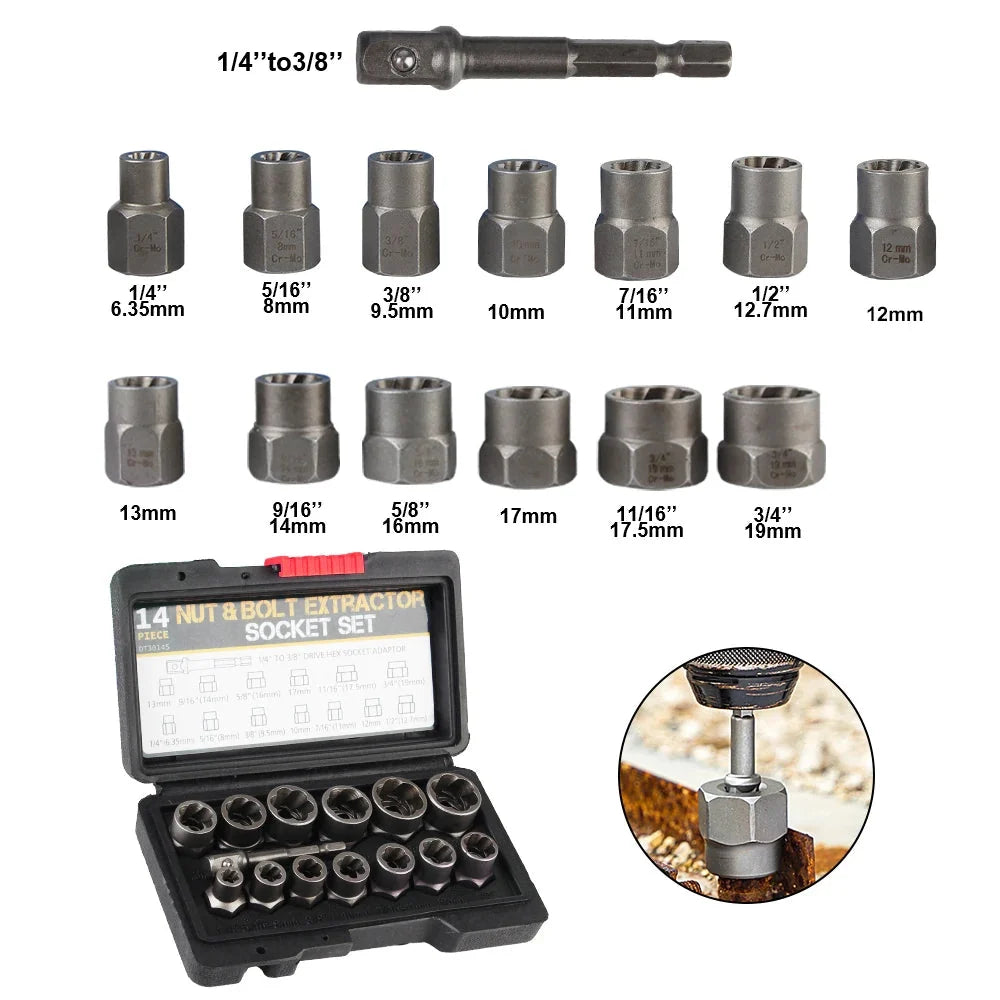 Screw Extractor Set 14-Piece Chrome-Moly With Foam Case