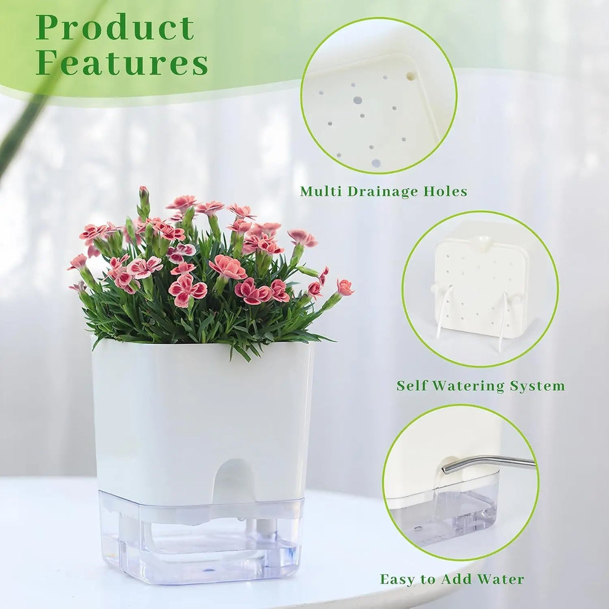 Self-Watering Planter Cotton Wick Visible Water Level