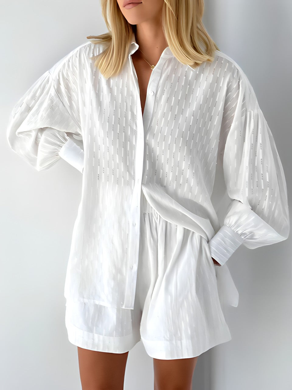 Shirt & Shorts Set Oversized Button-Front Soft Fabric