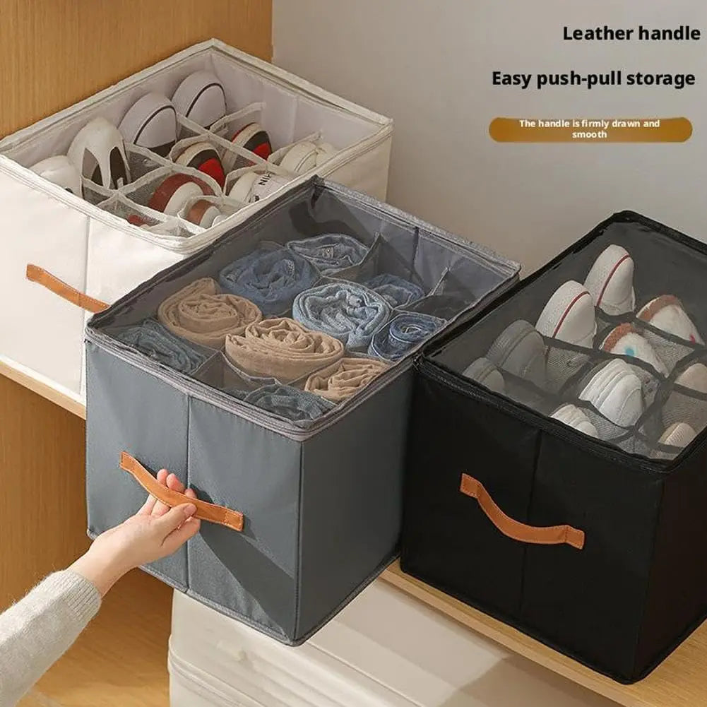 Shoe Organizer Foldable Transparent Lid Leather Handle & Dividers