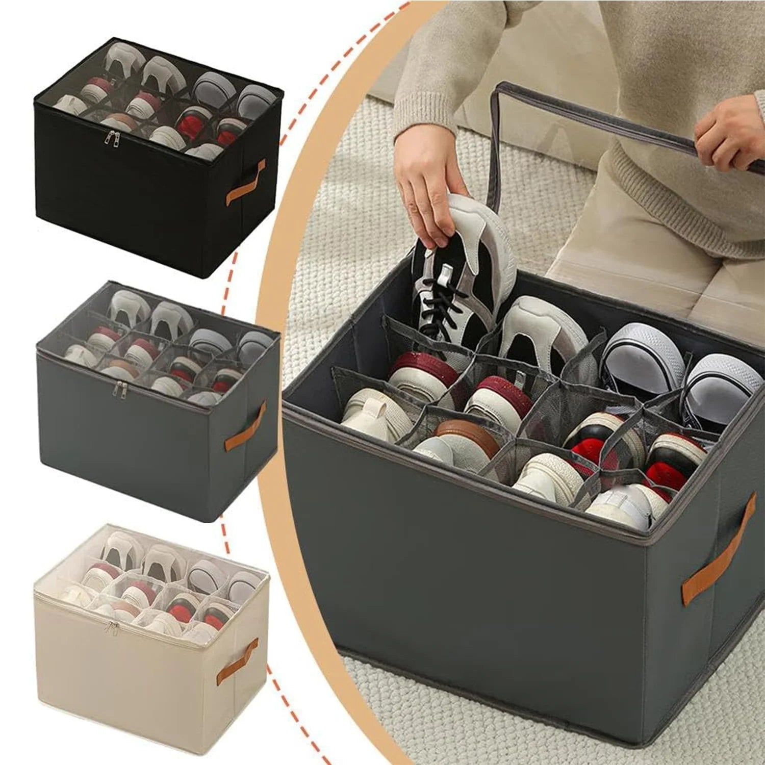 Shoe Organizer Foldable Transparent Lid Leather Handle & Dividers