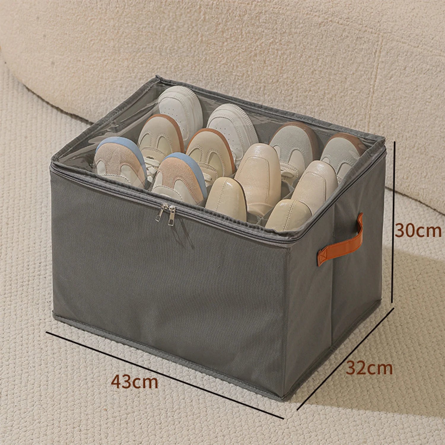 Shoe Organizer Foldable Transparent Lid Leather Handle & Dividers