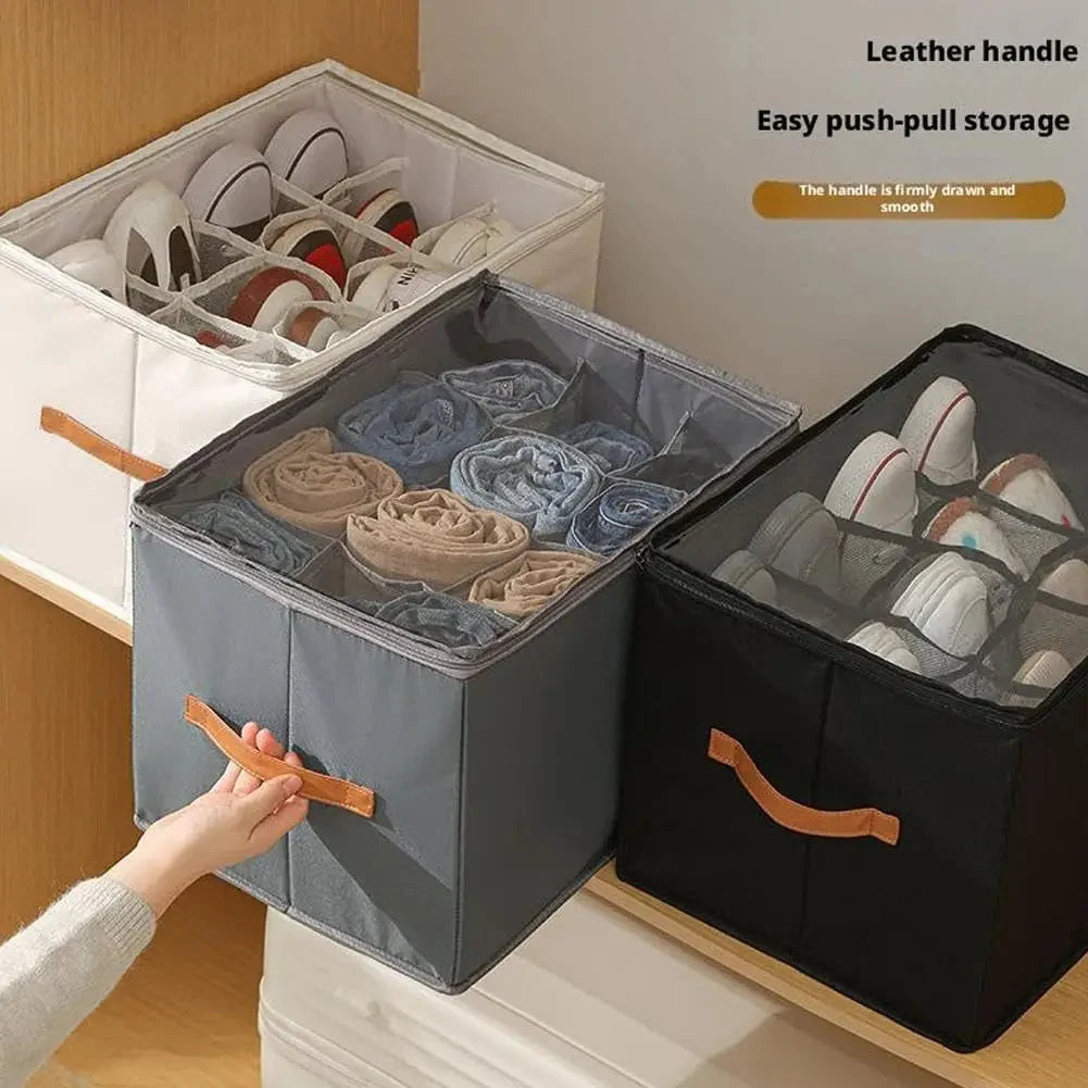 Shoe Organizer Transparent Viewing Window Foldable Faux Leather Handles