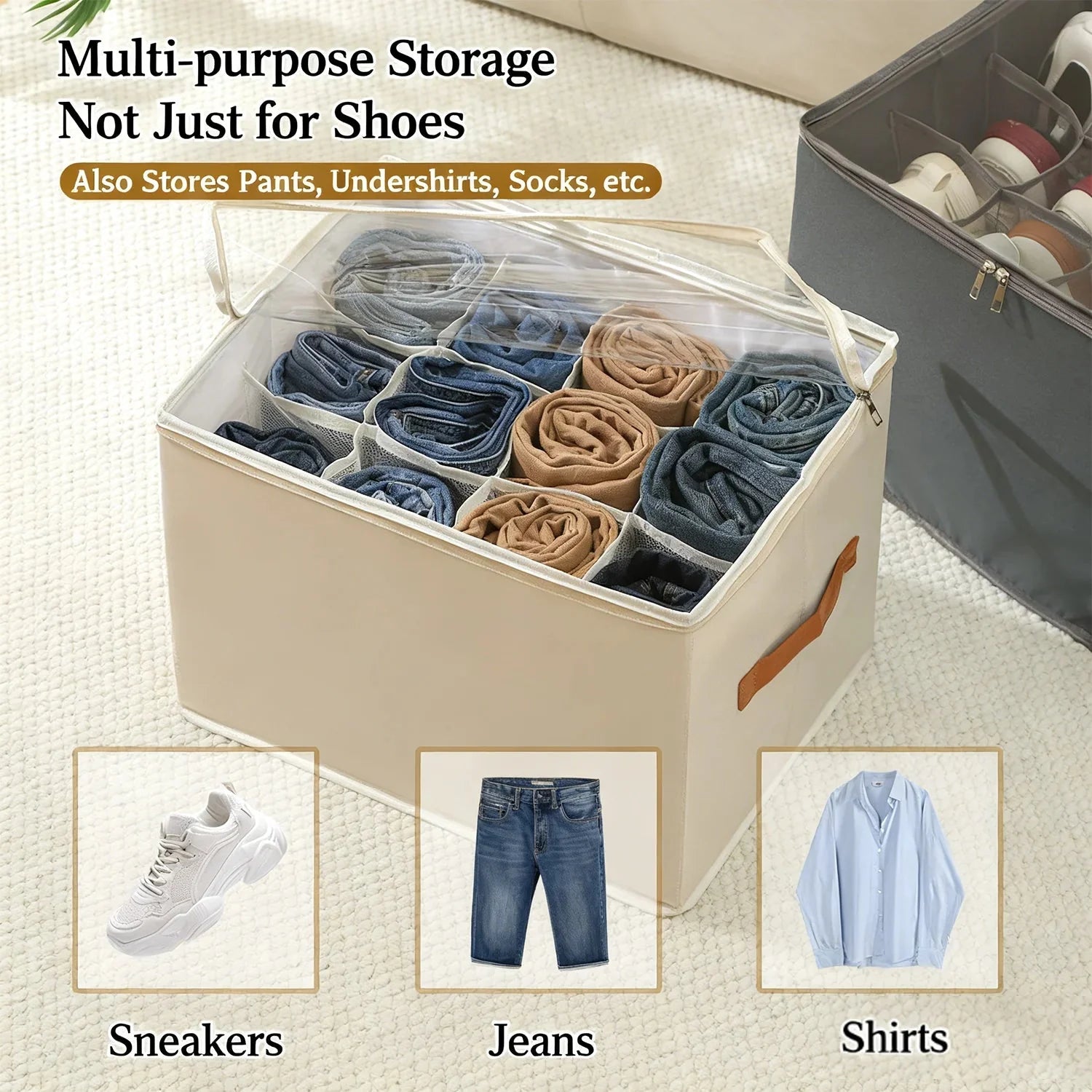 Shoe Organizer Transparent Viewing Window Foldable Faux Leather Handles