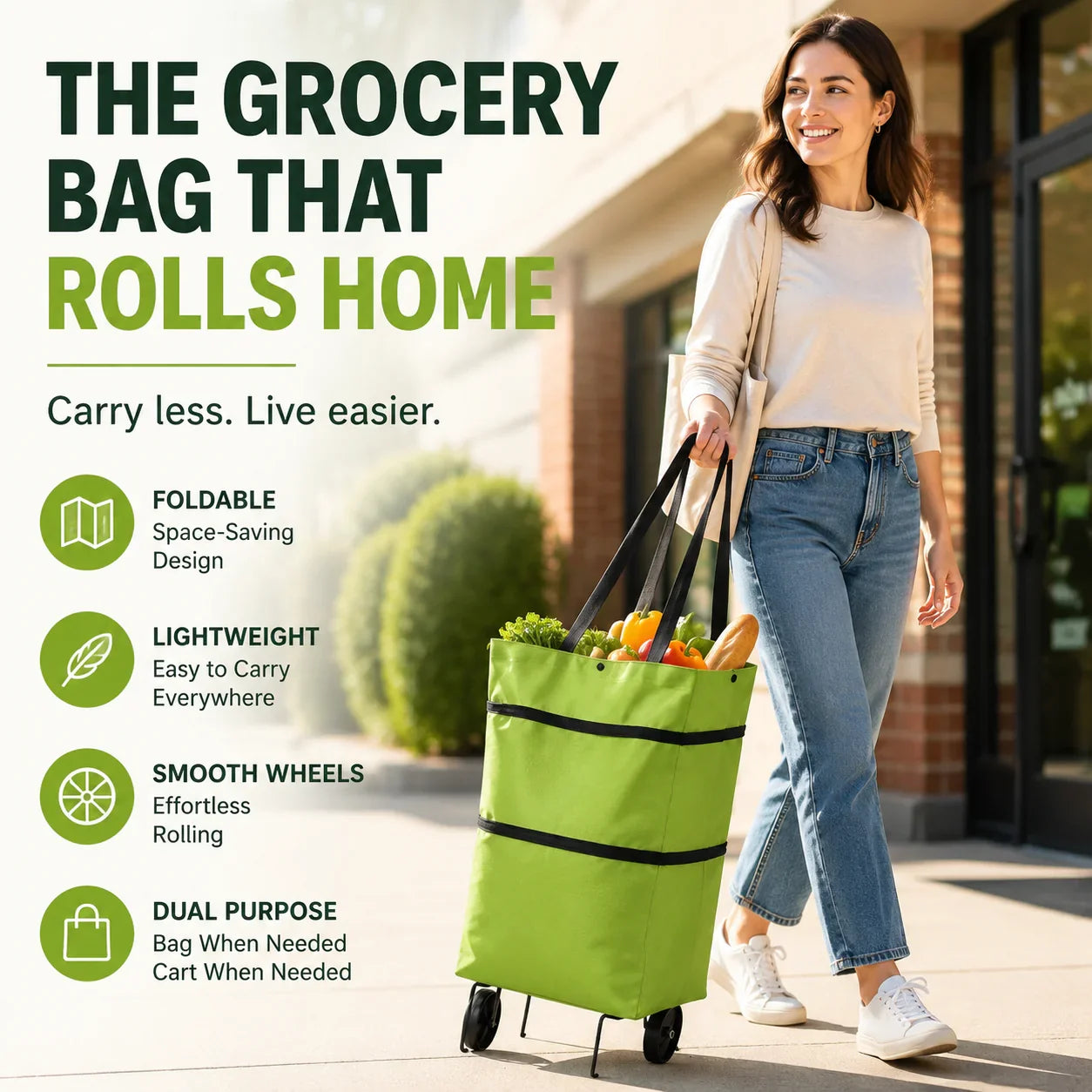 Shopping Bag 2-in-1 Foldable Wheels & Padded Handles