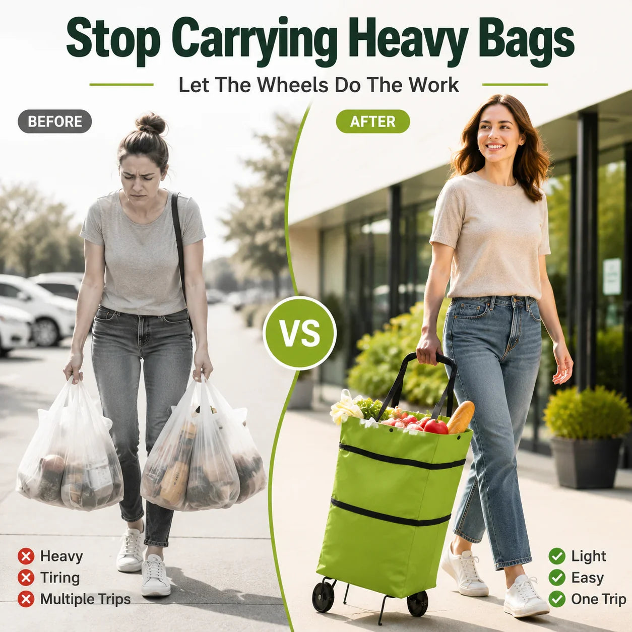 Shopping Bag 2-in-1 Foldable Wheels & Padded Handles