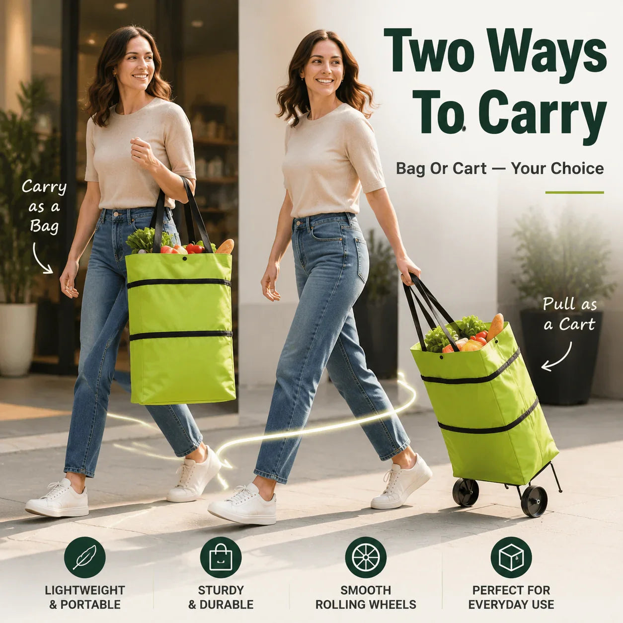 Shopping Bag 2-in-1 Foldable Wheels & Padded Handles