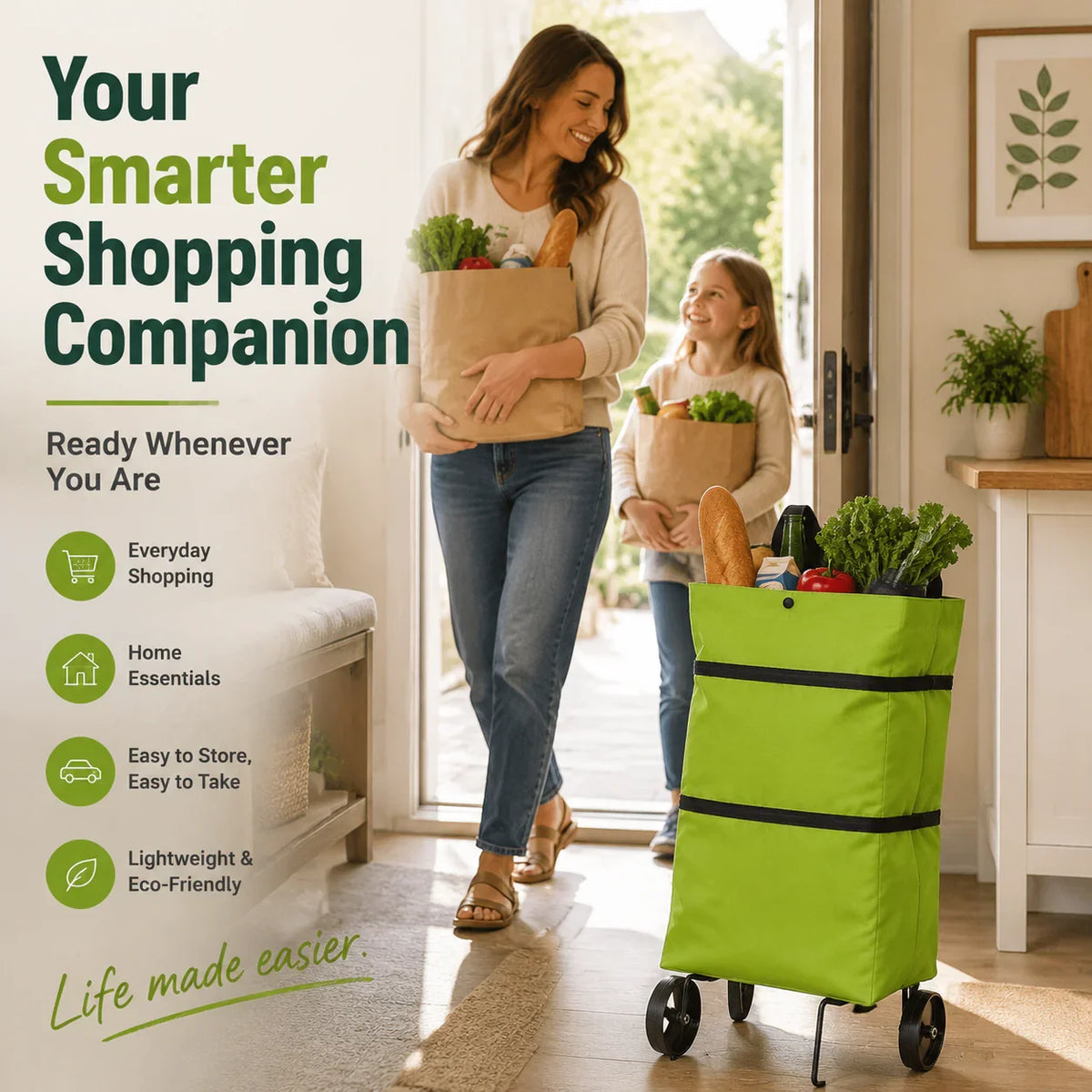 Shopping Bag 2-in-1 Foldable Wheels & Padded Handles