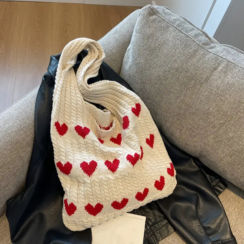 Shopping Bag Knitted Heart Pattern Foldable & Lightweight