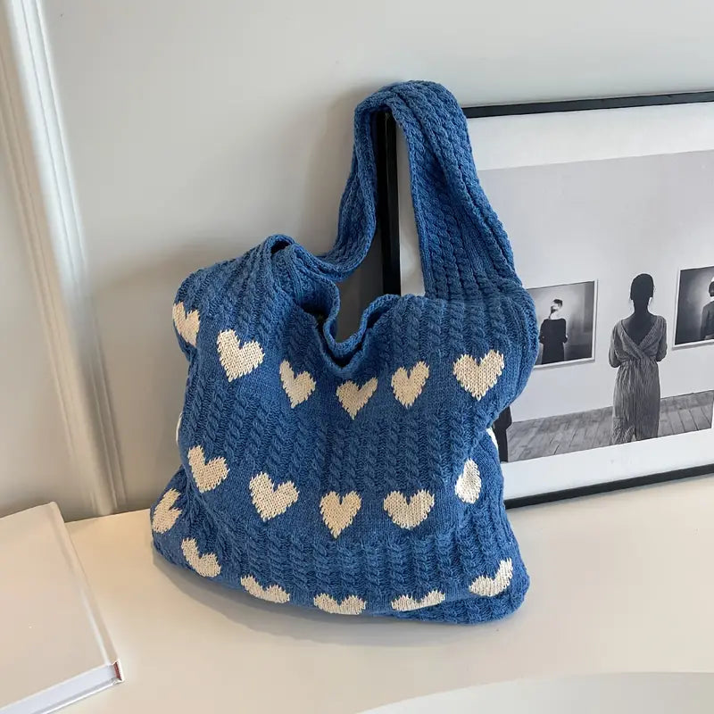 Shopping Bag Knitted Heart Pattern Foldable & Lightweight