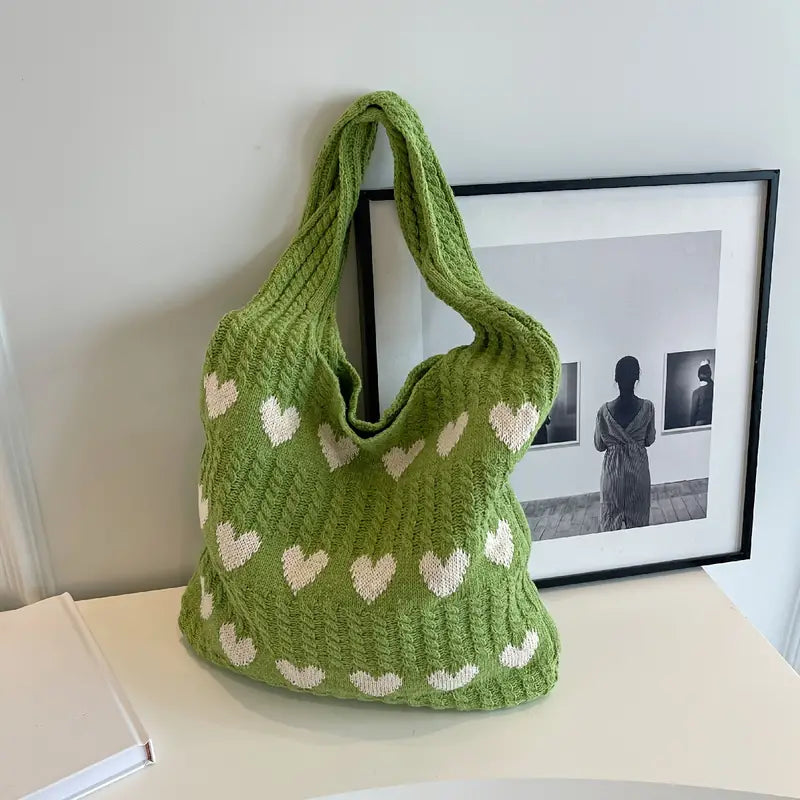Shopping Bag Knitted Heart Pattern Foldable & Lightweight
