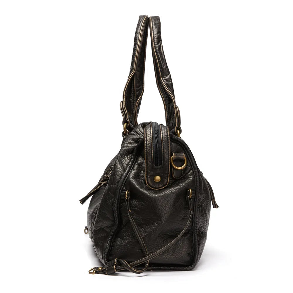 Shoulder Bag Fits A4 Vintage-Washed PU Leather Detachable Strap