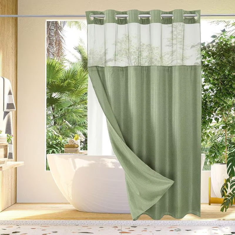 Shower Curtain Hookless Snap & Double-Layer Waterproof