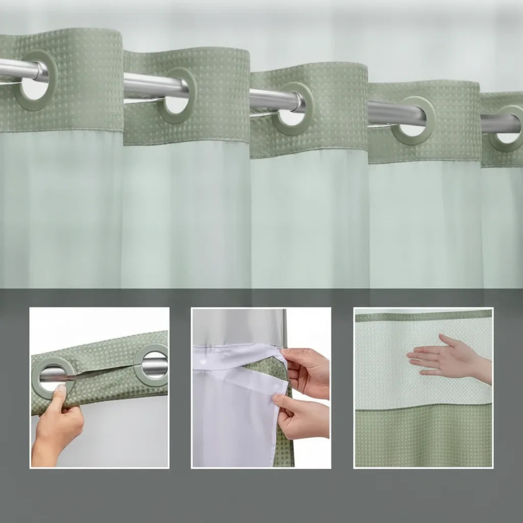 Shower Curtain Hookless Snap & Double-Layer Waterproof