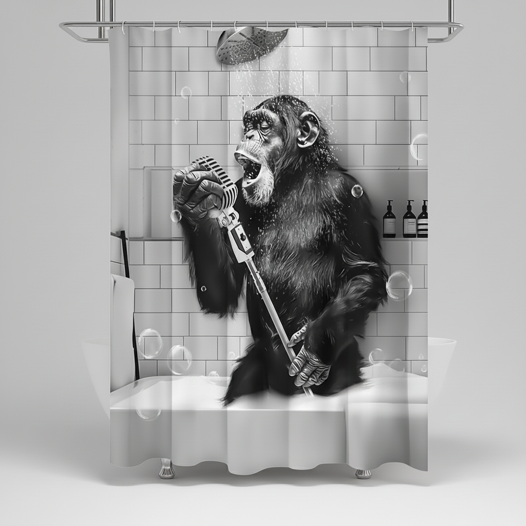 Shower Curtain Water-Repellent Polyester Black & White Monkey Motif