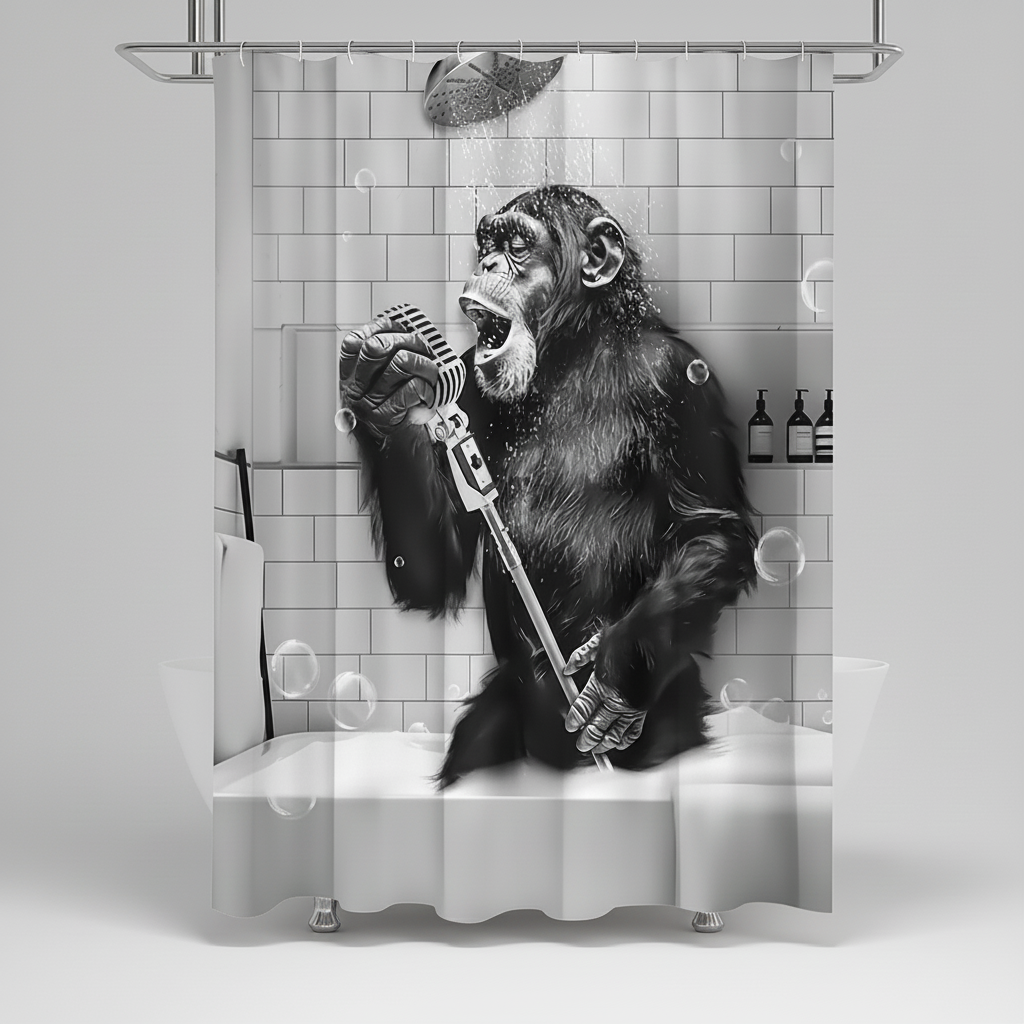 Shower Curtain Water-Repellent Polyester Black & White Monkey Motif