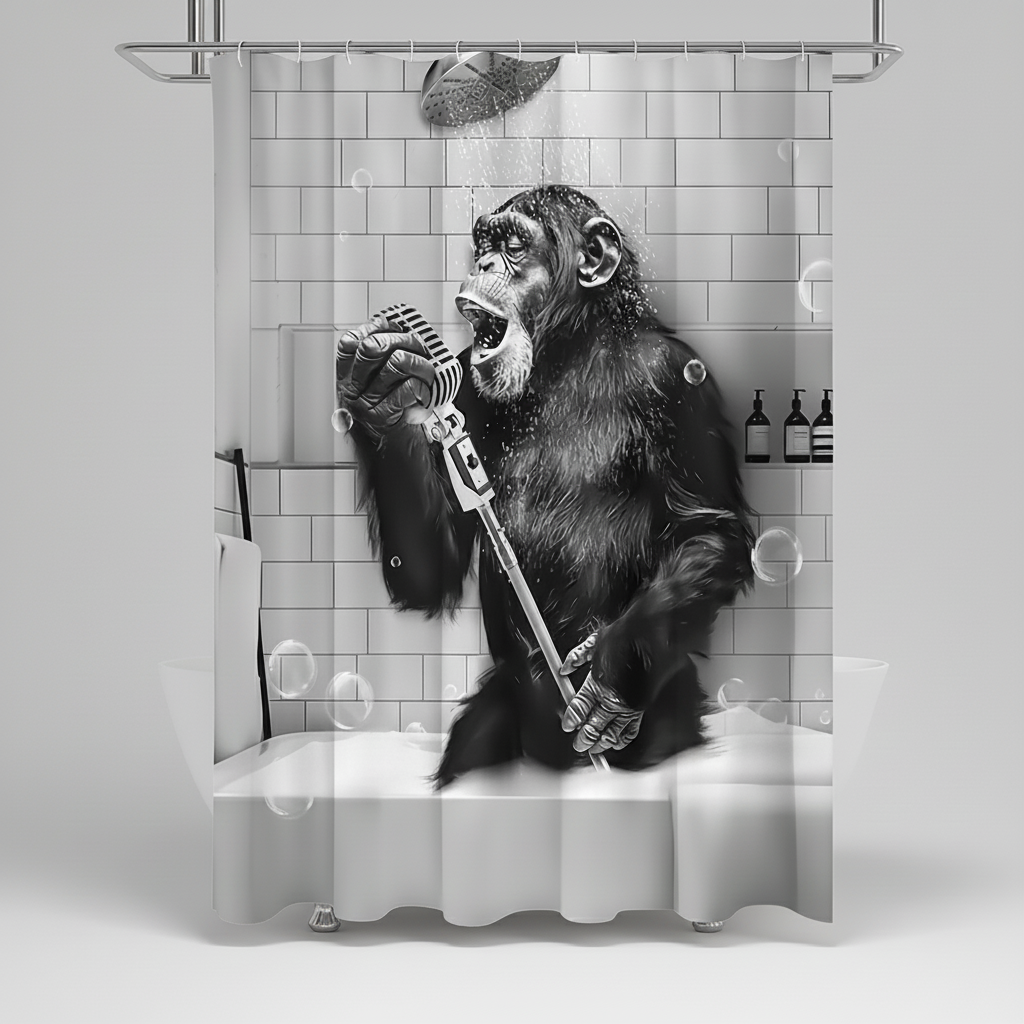 Shower Curtain Water-Repellent Polyester Black & White Monkey Motif