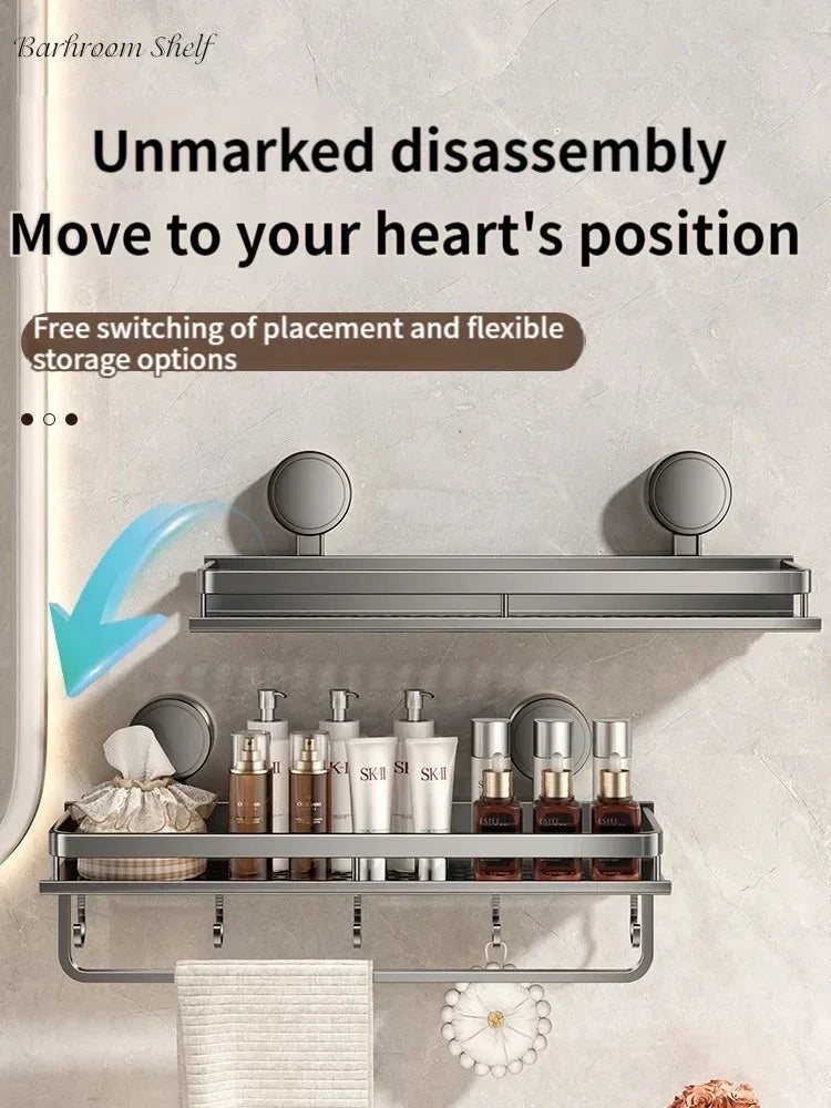 Shower Shelf Drill-Free Suction Mount Aluminum Drainage & Hooks