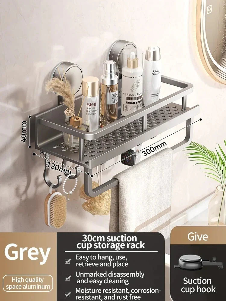 Shower Shelf Drill-Free Suction Mount Aluminum Drainage & Hooks