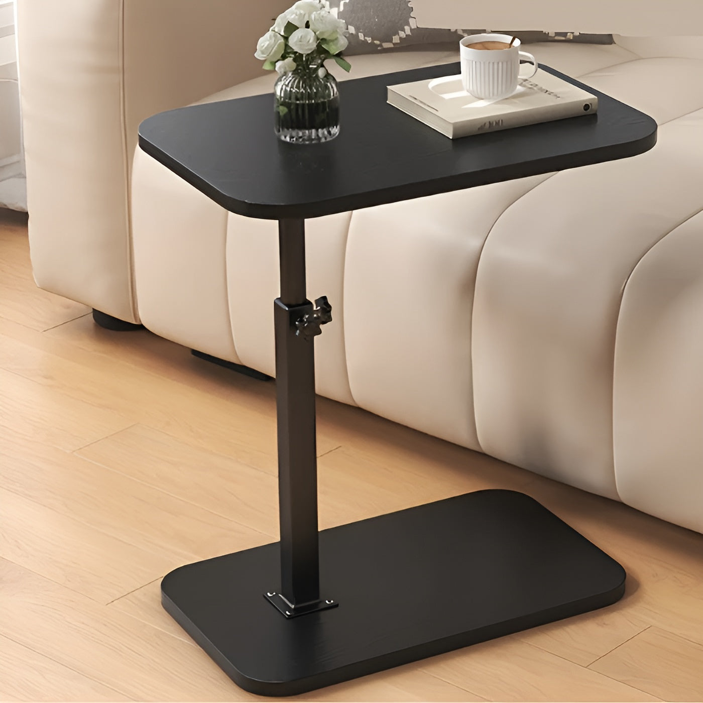 Side Table Adjustable Height Metal Frame & Wood Top