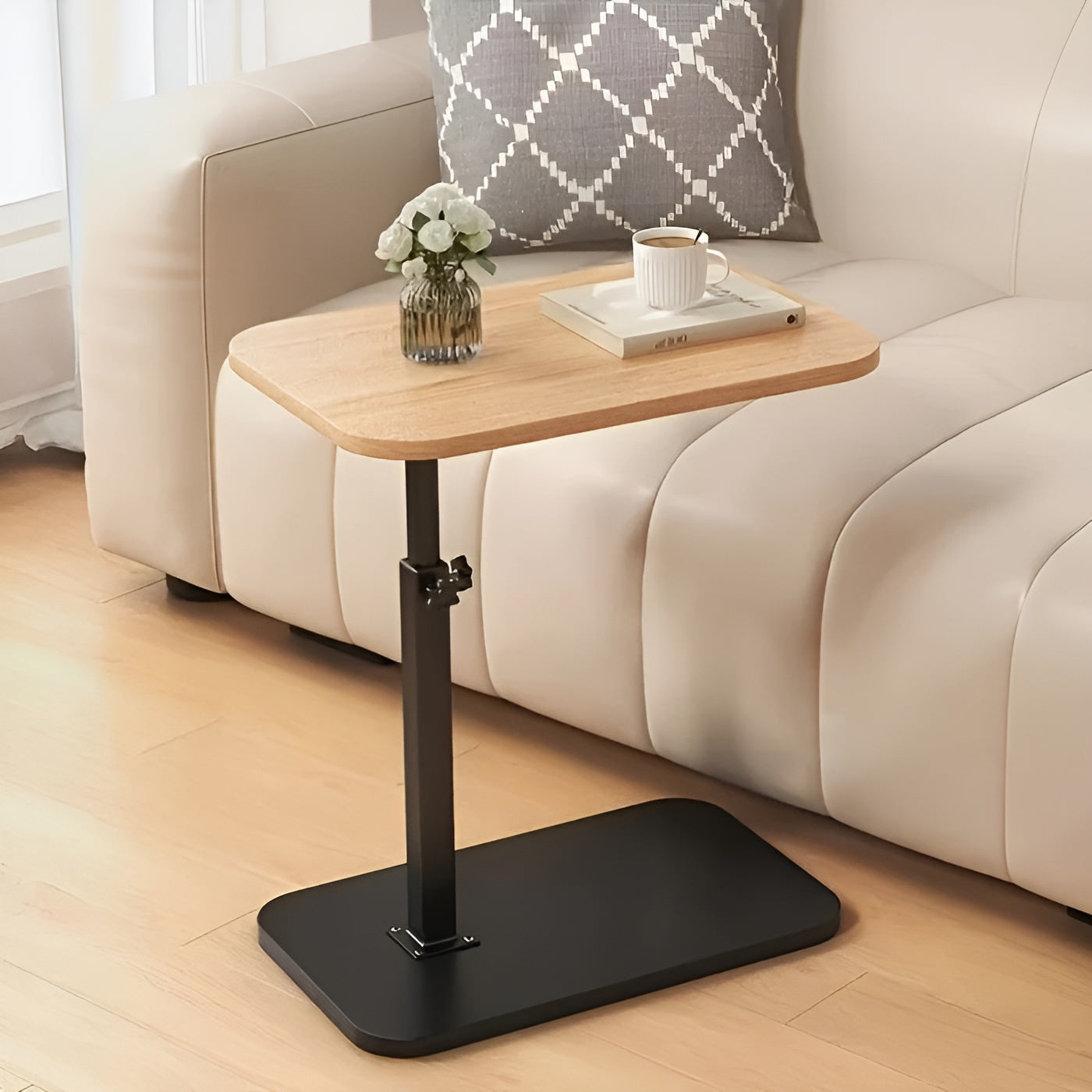 Side Table Adjustable Height Metal Frame & Wood Top