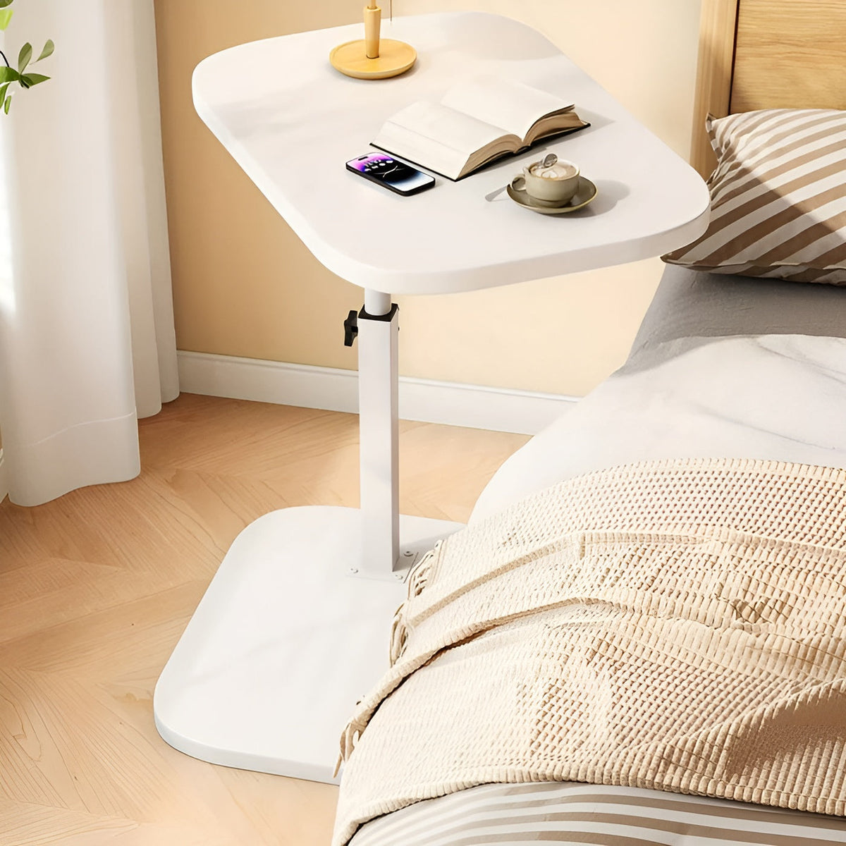 Side Table Adjustable Height Metal Frame & Wood Top