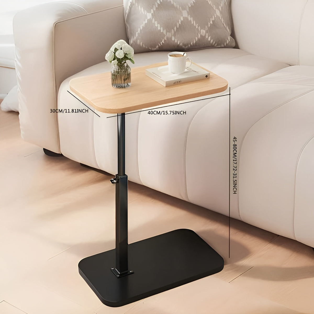 Side Table Adjustable Height Metal Frame & Wood Top