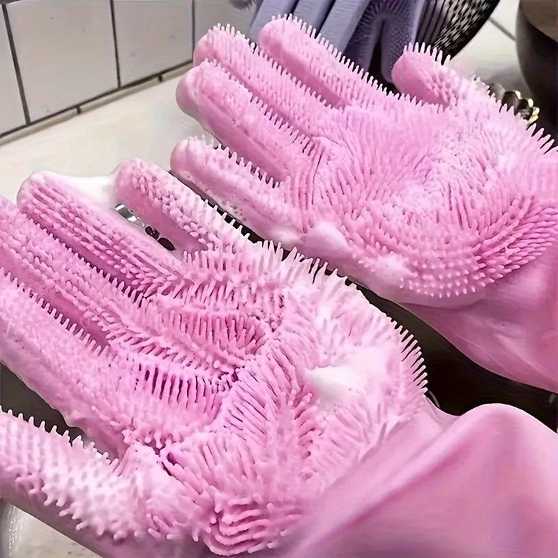 Silicone Dishwashing Gloves Integrated Bristles Heat-Resistant & Non-Slip Grip
