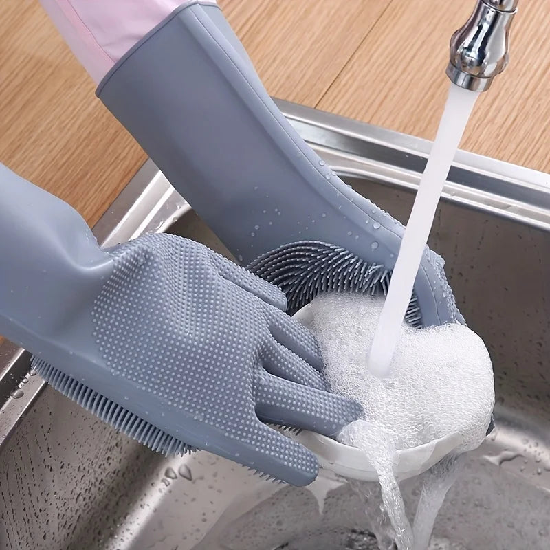 Silicone Dishwashing Gloves Integrated Bristles Heat-Resistant & Non-Slip Grip
