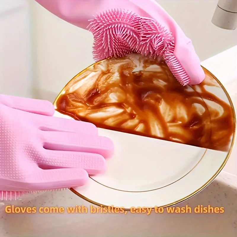 Silicone Dishwashing Gloves Integrated Bristles Heat-Resistant & Non-Slip Grip