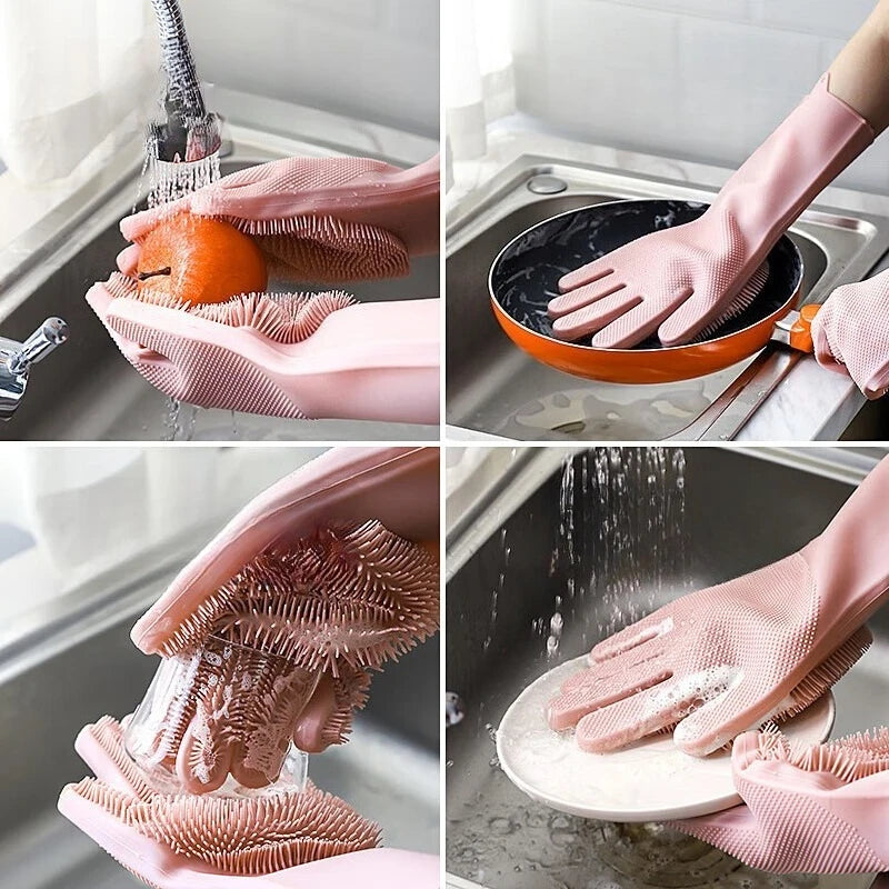 Silicone Dishwashing Gloves Integrated Bristles Heat-Resistant & Non-Slip Grip