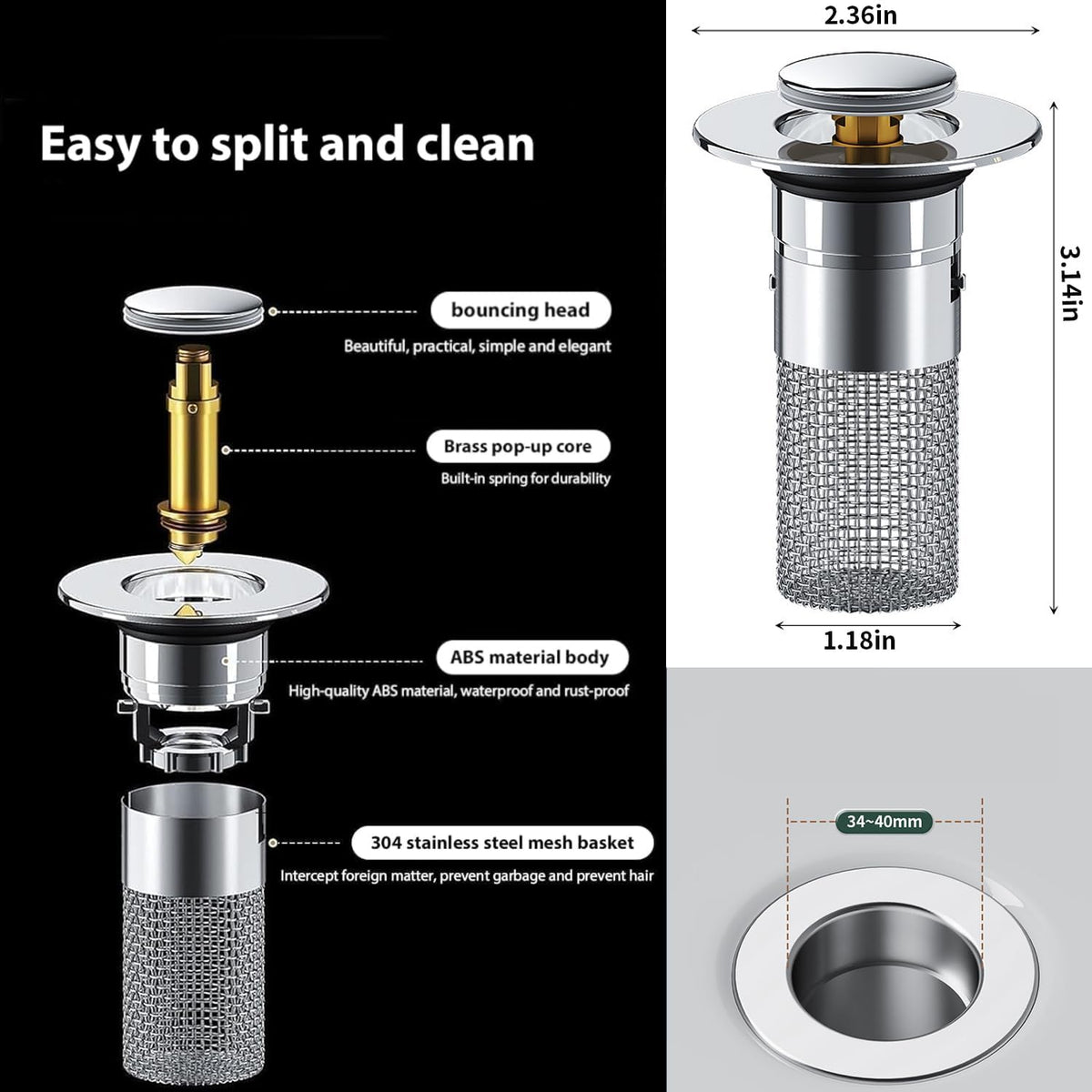 Sink Drain Filter Pop-Up Stainless Steel Hair Catcher