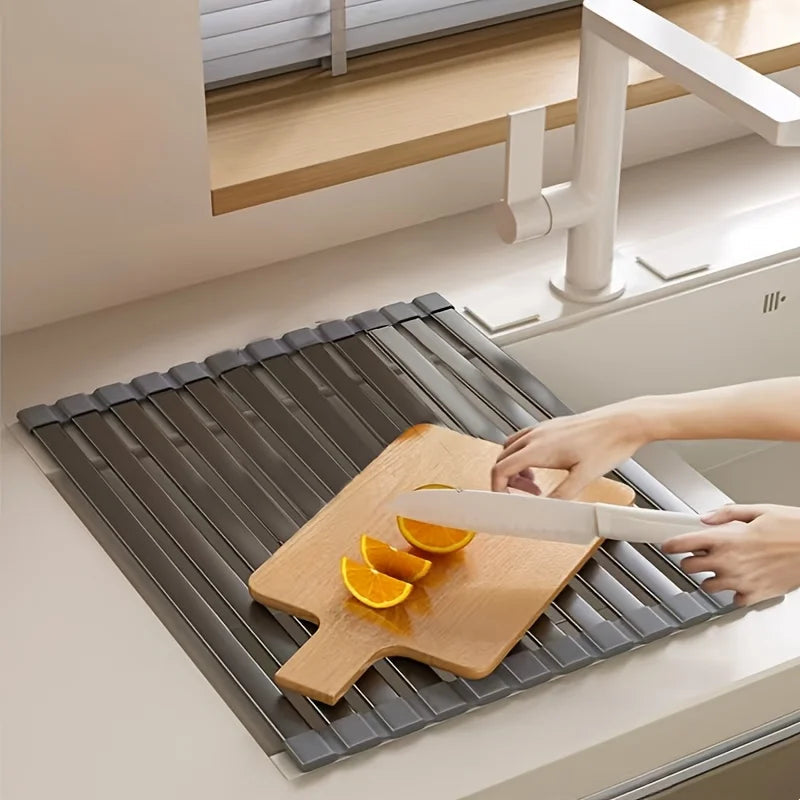 Sink Drain Rack Rollable Heat-Resistant Aluminum & Silicone