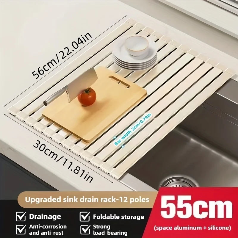 Sink Drain Rack Rollable Heat-Resistant Aluminum & Silicone