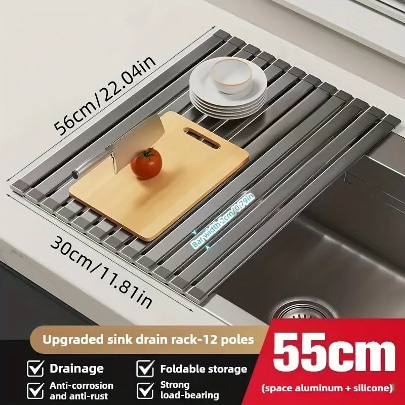 Sink Drain Rack Rollable Heat-Resistant Aluminum & Silicone