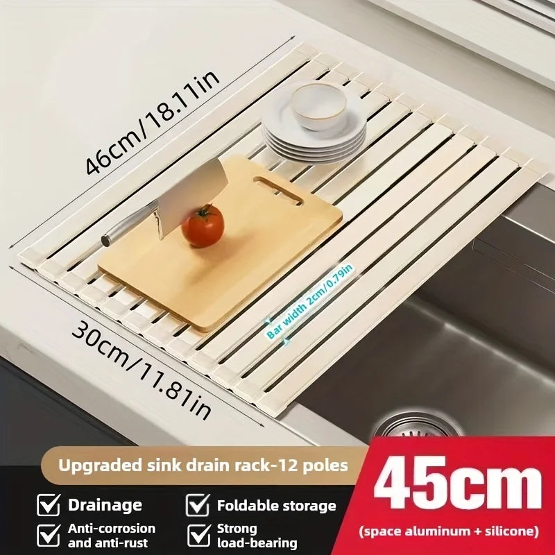 Sink Drain Rack Rollable Heat-Resistant Aluminum & Silicone